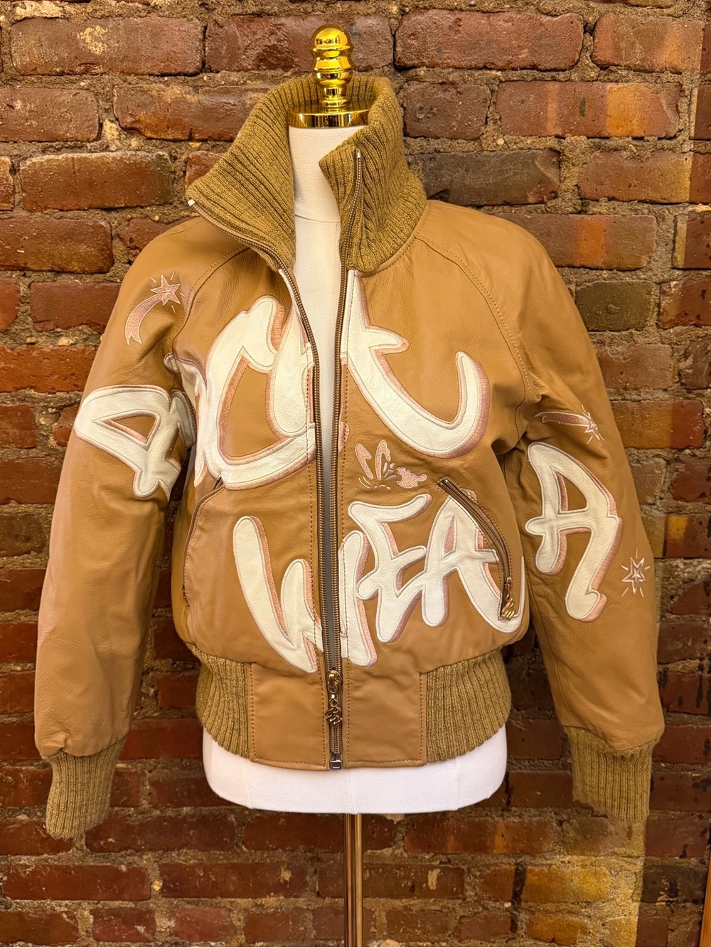 Womens Rocawear Tan Leather Bomber Jacket